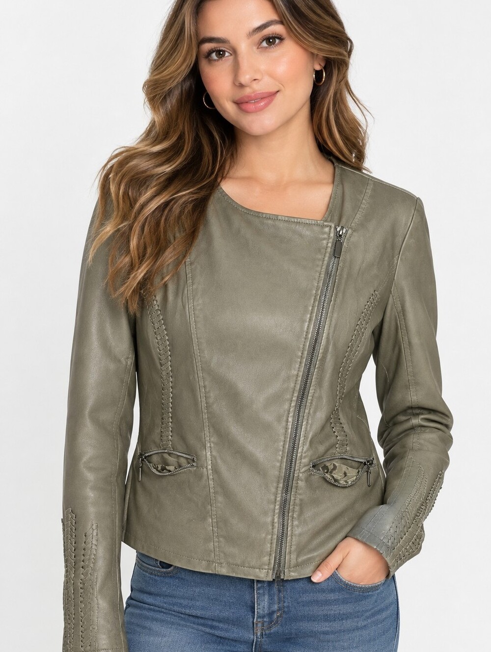 Alfani Olive Leather Asymmetrical Zip Jacket